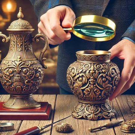 کارشناس اجناس قدیمی در پیروزی برای بررسی تابلو کتاب و وسایل کلکسیونی